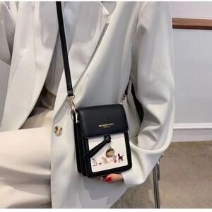 Korean Fashion Black Mini Faux Leather Phone Bag Crossbody Handbag Cats NWT